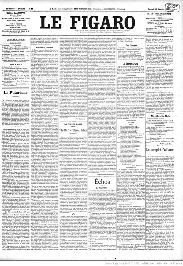 Le Figaro page carrying the Futurist manifesto